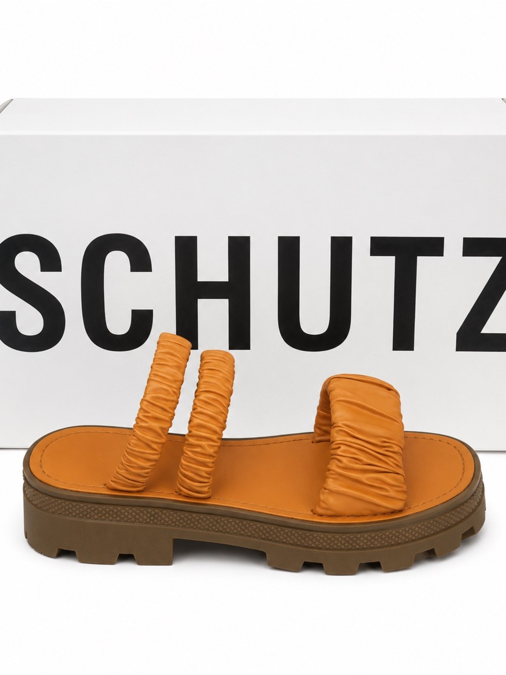 SCHUTZ Lirah Ruched Triple-Strap Slide in Burnt Orange with Brown Lug Sole NIB